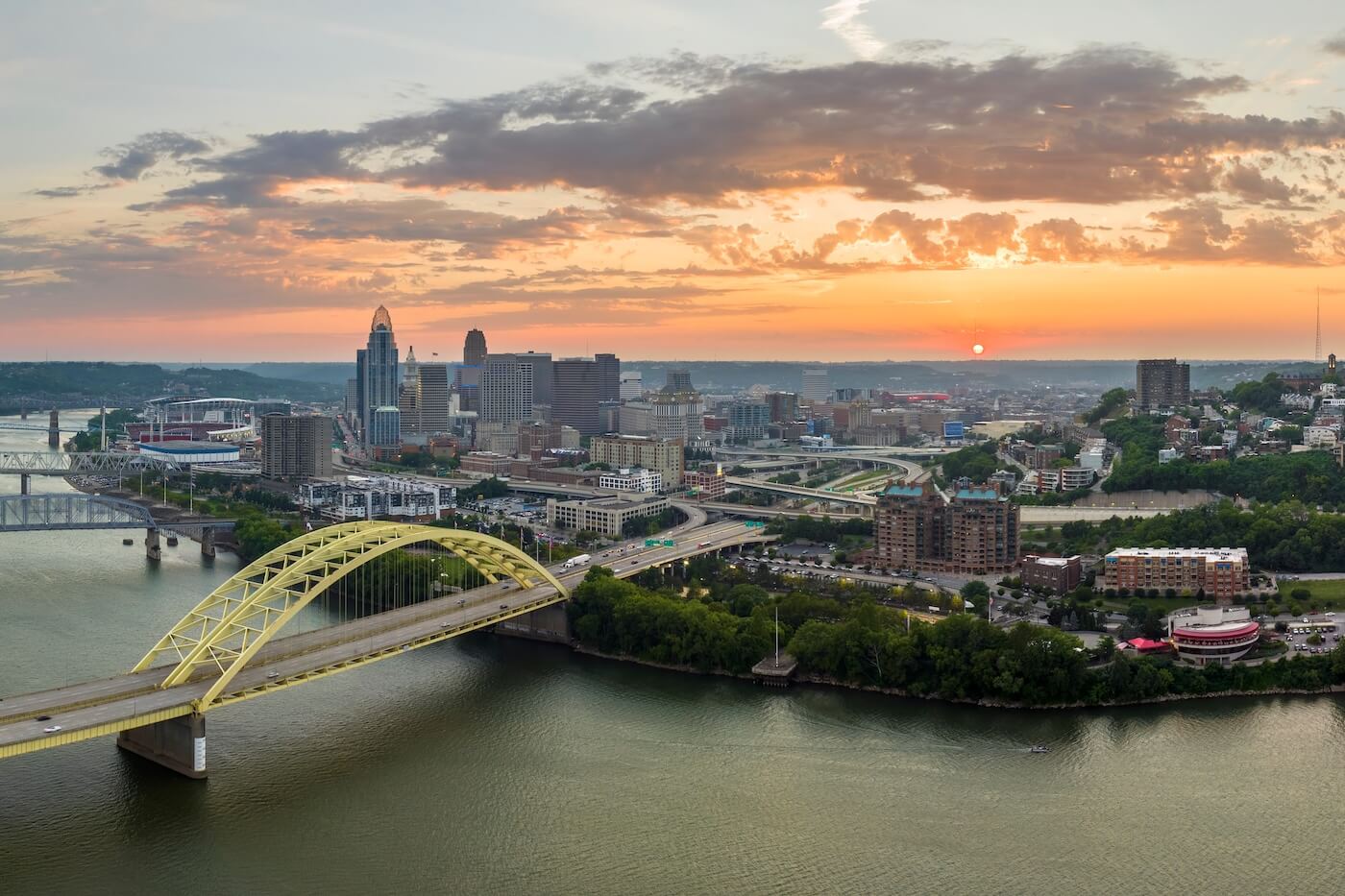 Cincinnati, Ohio, with cars driving on a highway